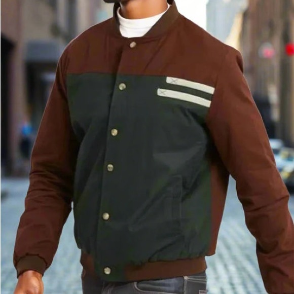 Men's Colorblock Bomber Jacket in Brown and Olive - Picture 3 of 6